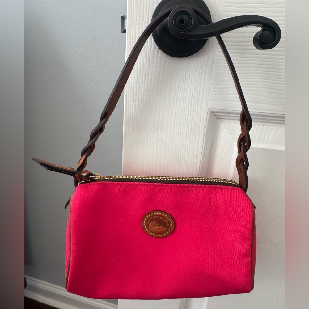 Dooney & Bourke Bright Pink Canvas Shoulder Bag with Brown Leather Trim